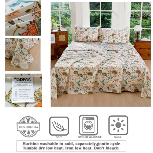 Image of FADFAY Twin 100% Egyptian Cotton Sheets Set 4 Piece, Luxury Cottagecore Botanical Floral Bird Print Ultra Soft Cooling Bed Sheets Set, Breathable Deep Pocket Hotel Quality Bedding for Hot Sleepers