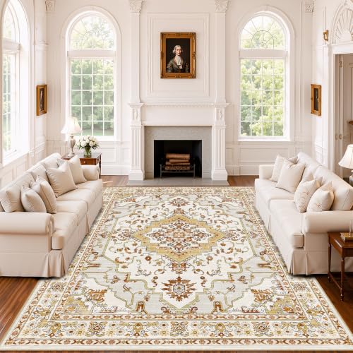 Arenarug 8x10 Washable Area Rug for Living Room, Khaki Rusty Yellow