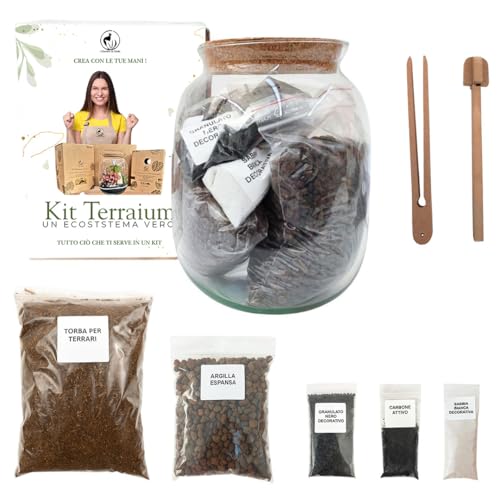 🪴 Kit completo con materiali tecnici e decorativi: Include carbone attivo filtrante, substrato per terrarium, argilla espansa, utensili da lavoro e sabbia decorativa bicolore per un risultato stabile e pulito.