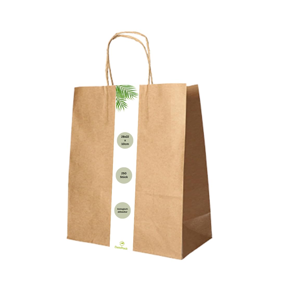 DeinPack 250 x Papiertüten 28 x 22 x 10 cm braun Umweltschonende Papier Tragetaschen groß I Papiertüten Geschenktüten Papiertragetaschen biologisch abbaubar, kompostierbar