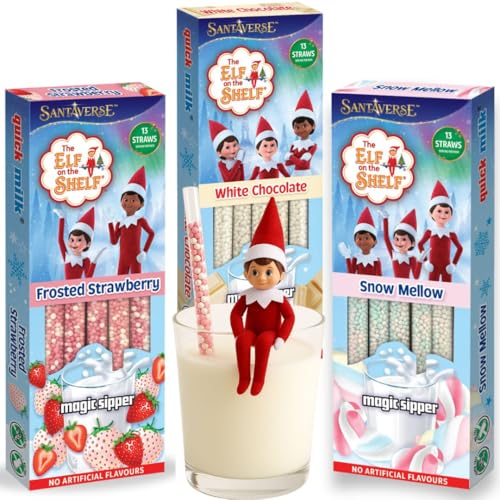 Elf on the Shelf Quick Milk Magic Sipper Straws | Pack of 3 (39 Milk Straws) | Flavoured Milkshake Straw Frosted Strawberry, Snow Mellow & White Chocolate | Fun Christmas Drink Accessory for Kids