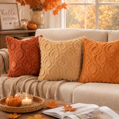 Image of decorUhome Fall Throw Pillow Covers 24x24 Inch Set of 2, Soft Plush Faux Wool Rust Solid Couch Pillow Covers, Accent Euro Sham Farmhouse Neutral Square Pillow Cases for Sofa Bed Living Room