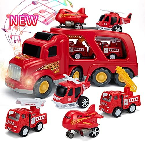 SAITI Fire Truck Car Toys Set with Sound & Lights, 1 Transport Cargo Truck, 2 Emergency Rescue Vehicles, 1 Helicopter, 1 Airplane, 5 in 1 Play Vehicle Toys Set for 1 2 3 4 Years Old Kids Toddler Boy