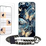 WUACYEAMING kompatibel mit iPhone 6/6S Hülle mit Band + 2 Stück Glas Schutzfolie Transparent Silikon Handyhülle zum Umhängen Kordel Schmetterling-Muster