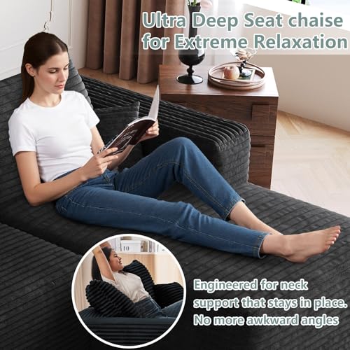 Image of 95 inch Modular Sectional Sofa, Modern Corduroy Cloud Couch with Side Pockets, Boneless Couch Upholstered 3-Seater L-Shaped Sofa for Living Room, No Assembly Required (Black,Right-Facing Chaise)