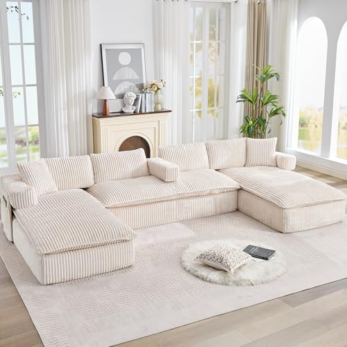 Image of Oversized Cloud Boneless Couch with Chaise, 149 inch Modern U Shape Modular Deep Seat Sectional Sofa, Comfy Corduroy Upholstered Couches for Living Room, No Assembly Required, Beige White