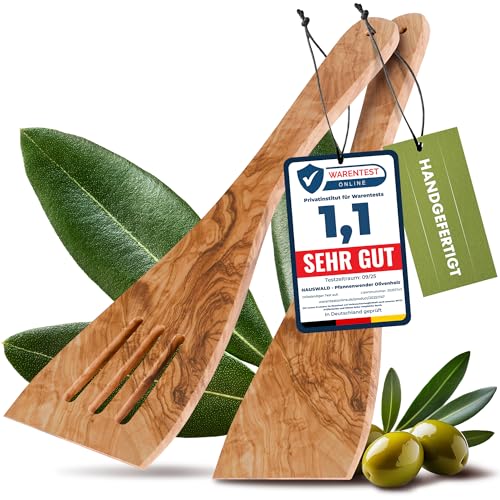 HAUSWALD® Pfannenwender Olivenholz – 2er Set [Extra breit geschlossen & mit Schlitzen] – Plastikfreie, antibakterielle und hitzebeständige...