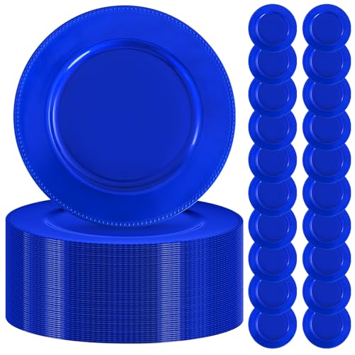 50 Pcs Royal Blue Charger Plates Bulk,13 inch Round Beaded Plate Chargers for Dinner Plates, Decorative Dinner Charger Plastic Table Chargers for Wedding Holiday Party Event Decoration