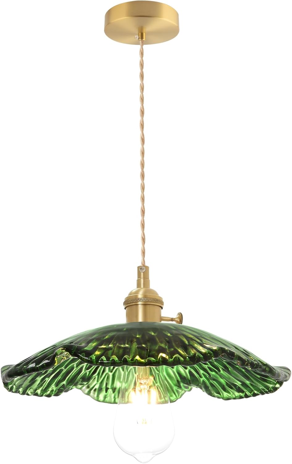 Vintage Pendant Light Kitchen Island Light Fixtures Ceiling Hanging Green Glass Pendant Light with 11.8" Flower Lampshade Gold Brass Pendant Lighting Over Kitchen Sink Dining Table Bar Counter