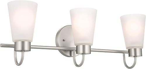 Miniatura 5 de Kichler Erma - Lámpara de tocador de baño de 3 luces con vidrio grabado satinado transparente, lámpara de pared tradicional actualizada en níquel