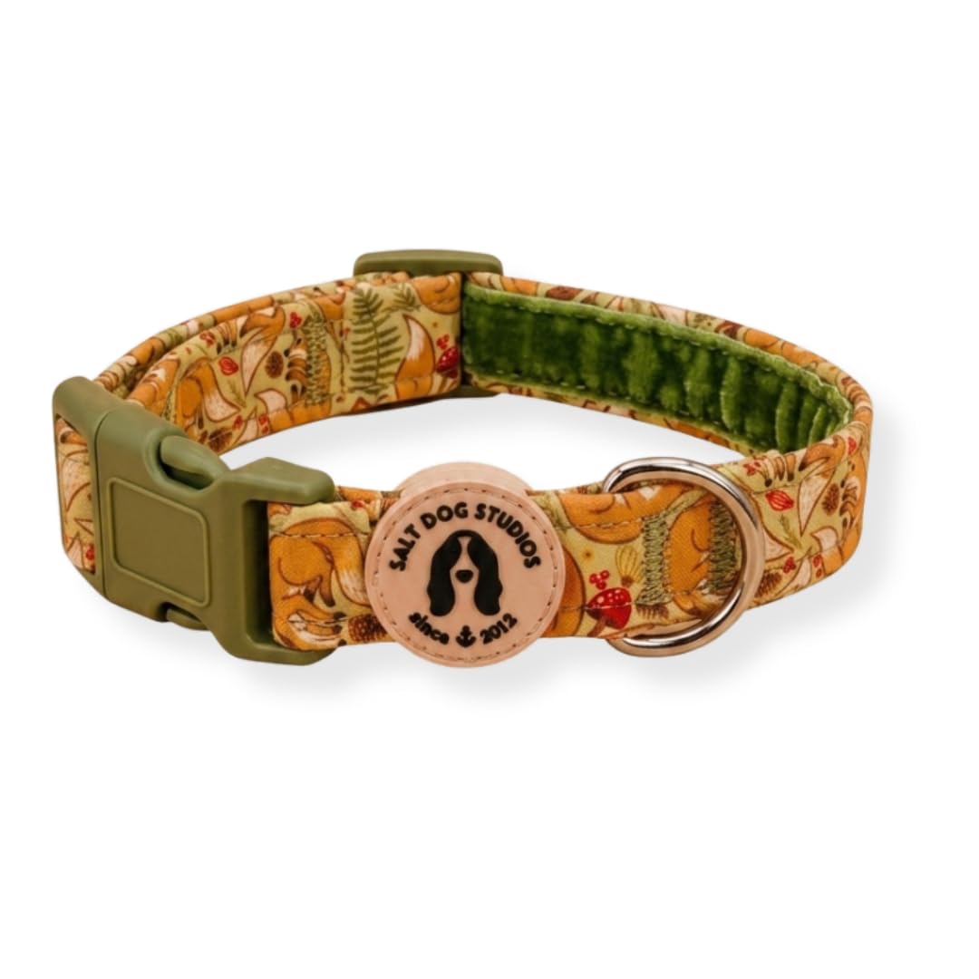 Woodland Dog Collar – Adjustable Velvet Lined Dog Collar for Small, Medium, Large & Extra Large Dogs – Soft Comfortable Fabric Collar by Salt Dog Studios (Foxes, Medium)