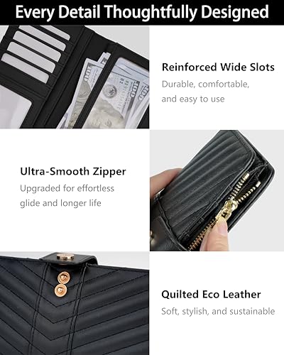 Image of Black Women's Trifold Wallet,Large Capacity RFID Long Wallet | 16 Card Slots,2 ID Windows,4 Bill Compartments,Vegan Leather,Double Zipper Pockets,Large Capacity Organizer