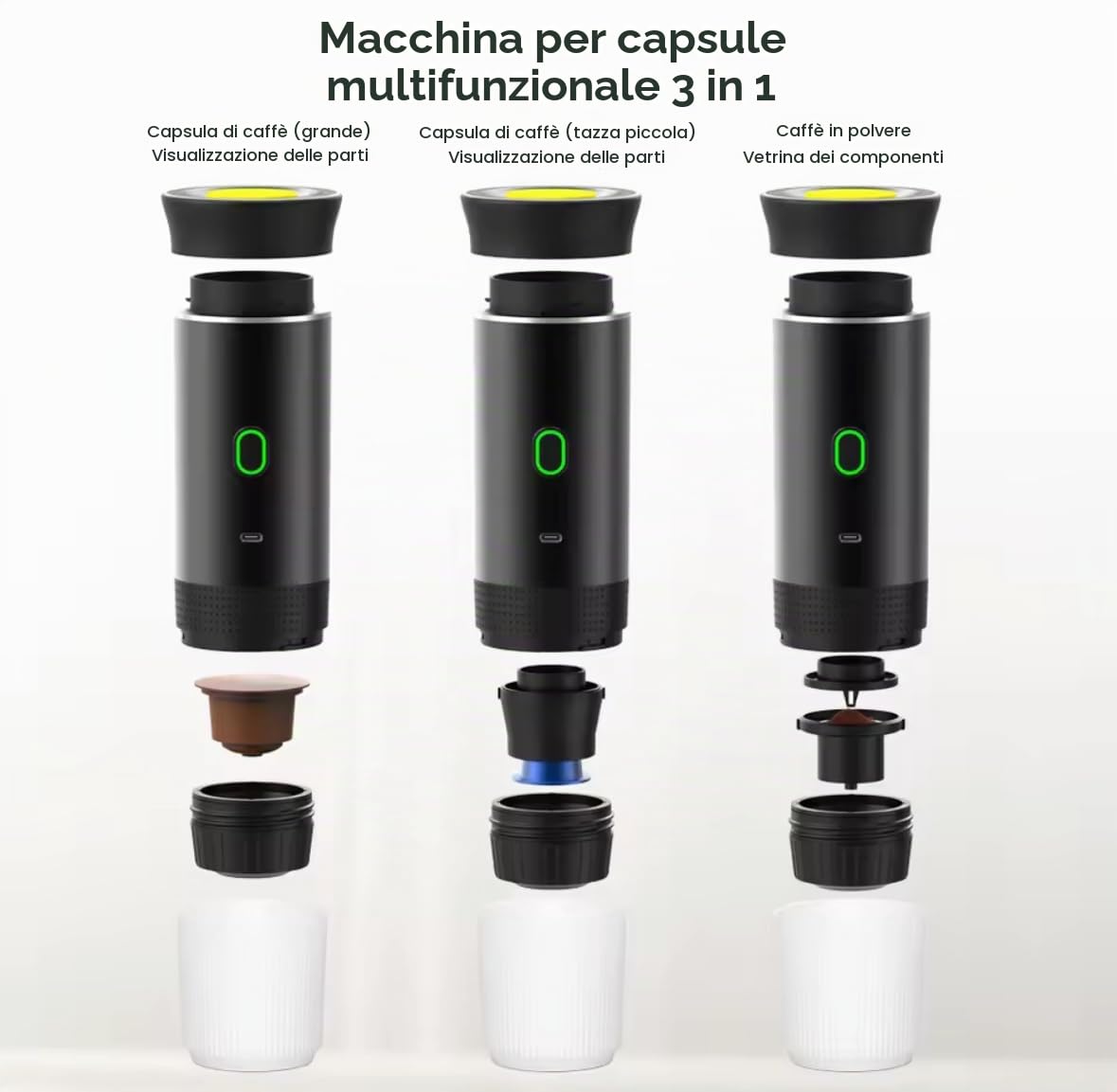 Generico Macchina da Caffè Portatile Elettrica 3 in 1 | Wireless USB Ricaricabile per Cialde, Polvere e Capsule | Caffettiera Espresso da Viaggio per Auto, Casa, Campeggio, Ufficio