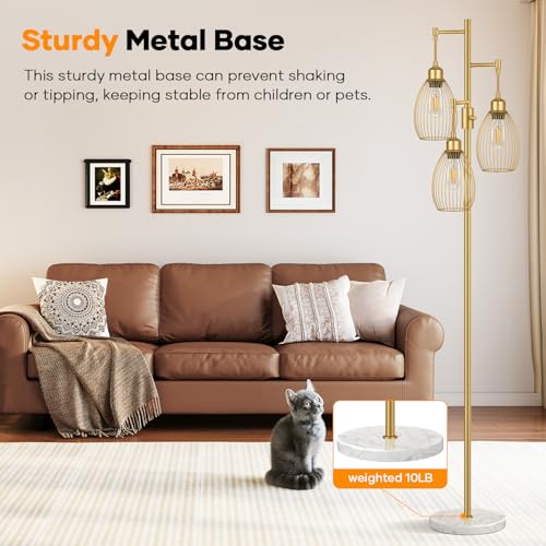 Image of Dimmable Floor Lamp,3x800LM LED Bulbs Included, Farmhouse Industrial Floor Lamp Standing Tree Lamp with Teardrop Cage Head Tall Lamp for Living Room Bedroom Office Dining Room - Gold & Marble Base
