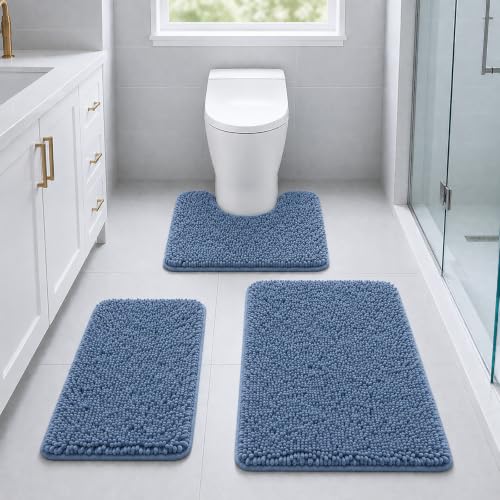Bathroom Rugs Bath Mats for Batroom Chenillen Bath Rug Set 3 Piece Non-Slip Bath Mats, Absorbent Shaggy Rugs, Machine Wash, Perfect Plush Bathroom Mats, Bathroom Carpets Set Sky Blue