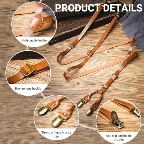 Image of Leather Suspenders for Men Y Back Design Adjustable Suspender with 4 Metal Clips Groomsmen Gift Wedding Brown