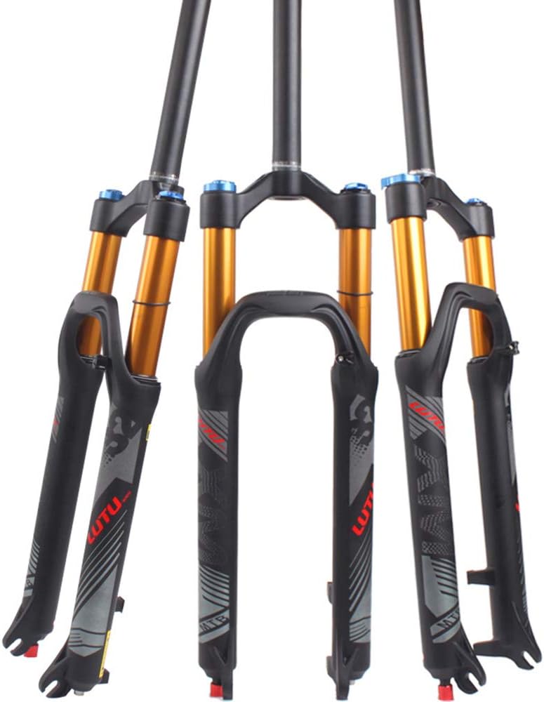 【US STOCK】 LUTU 26/27.5/29 Air MTB Suspension Fork, Rebound Adjust Straight Tube 28.6mm QR 9mm Travel 120mm Manual/Crown Lockout Mountain Bike Forks, Ultralight Gas Shock XC Bicycle (Black Gold, 27.5)