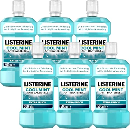 LISTERINE Cool Mint 6 x 500 ml, antibakterielle Mundspülung mit ätherischen Ölen und Minzgeschmack, Mundwasser bekämpft wirksam Bakterien im Mundraum, optimale Ergänzung zur täglichen Zahnpflege
