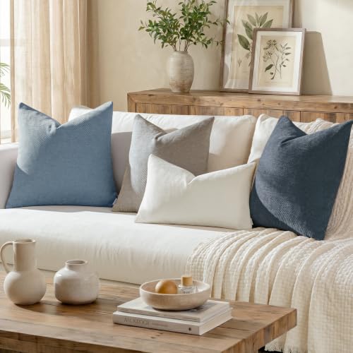 Image of a moment Pack of 2 Decorative Chenille Throw Pillow Covers with Twill Cushion Covers for Sofa Living Room Couch Bed 24x24 Inch Coastal Blue