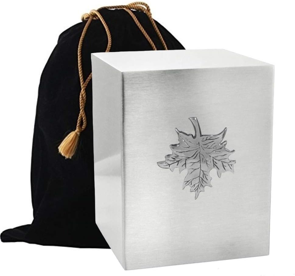 Touch4me's Silver Cremation Urn Box with Applique - Metal Cremation Urn for Adult - Handcrafted Funeral Urn for Ashes - Metal Cremation Urn- Great Deal Free Bag (Maple Leaf)