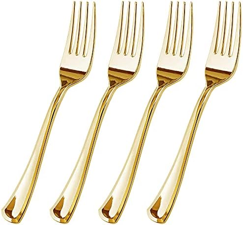 The FORKED, 100 Pieces Gold Plastic Forks and Plastic Silverware - Fancy and Heavy Duty Plastic Utensils - Durable and Disposable Plastic Forks – 7.4 Inch