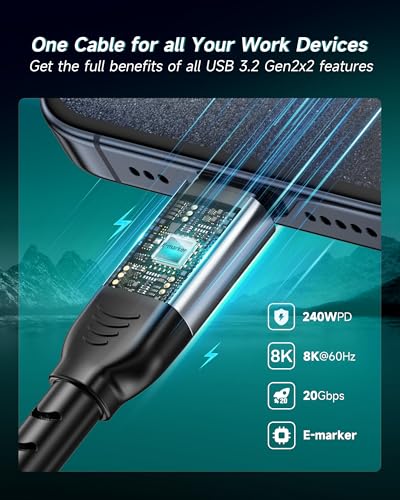 RAVIAD Kabel USB-C na USB-C 1M, 240W 20Gbps USB-C 3.2 Gen2x2 – kabel danych, szybkie ładowanie PD 3.1, transmisja wideo 8K@60Hz/4K@60Hz, kompatybilny z iPhone 17/16/15, Galaxy S25/S24/S23, MacBook