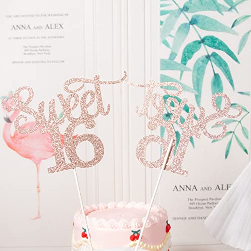 Gexolenu 1 Pcs Rose Gold Glitter Double-Sided Happy Sweet 16 Cake Toppers,16Th Cake Topper, Sweet 16 Birthday Cake Party Supplies, Sweet 16 Decorations For Cake, Sweet 16 Party Decorations #TOP4