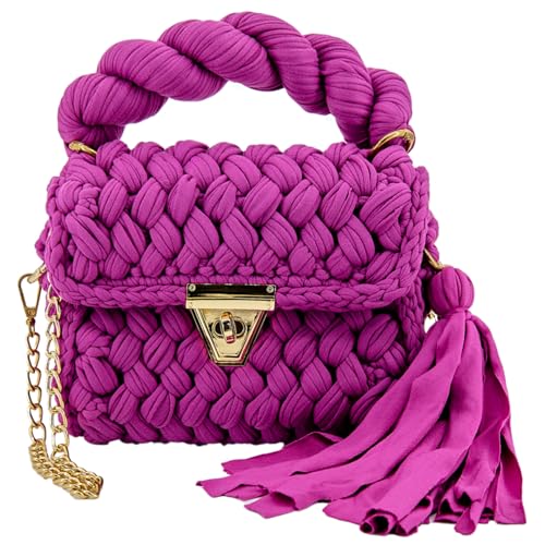 Handmade Pink Clutch Purses for Women, Crochet Crossbody Handbag for Wedding Beach, Evening Clutch Purses for Women with Tassels and Metal Chain