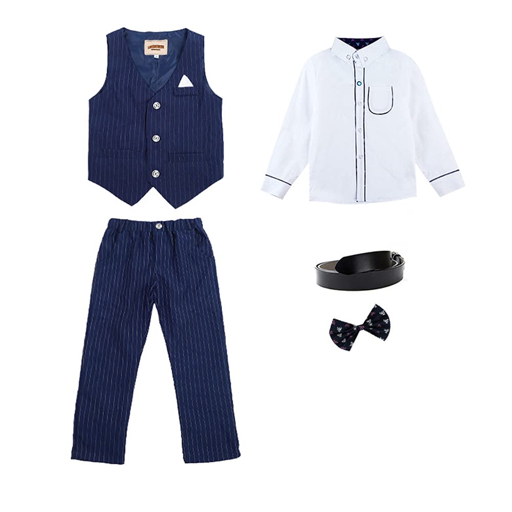 HONGBI Set da Smoking per Bambini Elegante Completo Gilet a Righe Costume Formale da Matrimonio Bambini Ragazzi Abbigliamento Set Gentleman Nozze Battesimo Abito Strisce Blu Scuro Completino