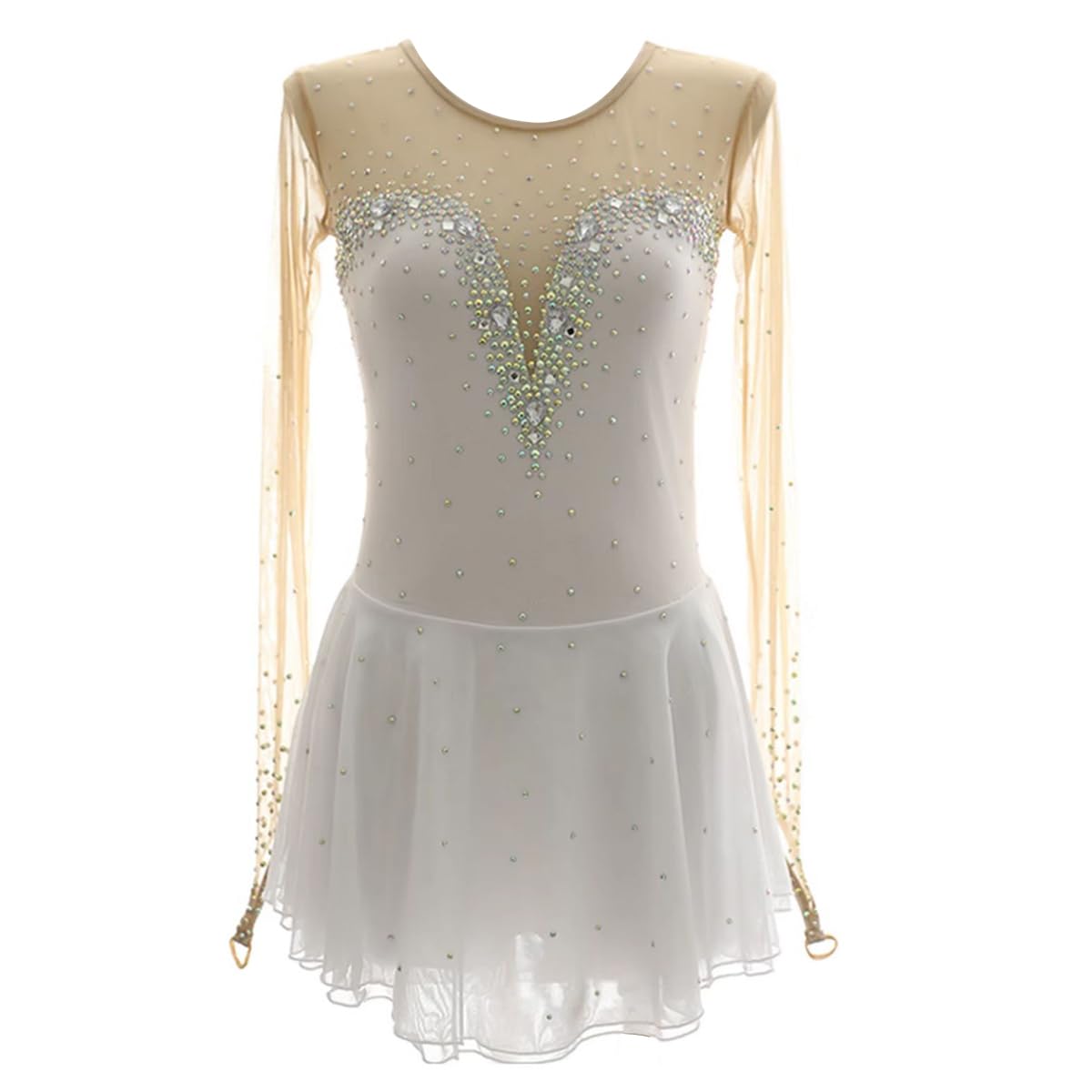 purpleq Damen Eiskunstlauf Kleid Kinder Mädchen Weiß Lange Ärmel Handgefertigter Eislauf Performance Rock Strass Patchwork Kürkleid Kurz Tanzanzug Wettbewerb Tanzkostüm