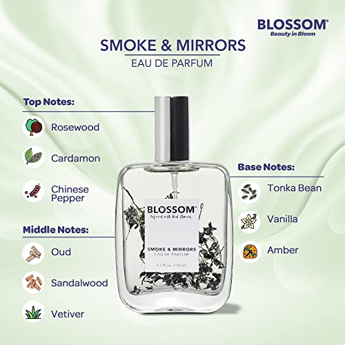 Blossom Unisex Eau De Parfum, Cruelty Free And Vegan Fragrance, Plant-Based Perfume Spray, Infused With Real Flowers, Made In Usa, 1.7Oz, (Black Amber, Patchouli, Persian Galbanum, Leather, Bergamot), Smoke & Mirrors #TOP4