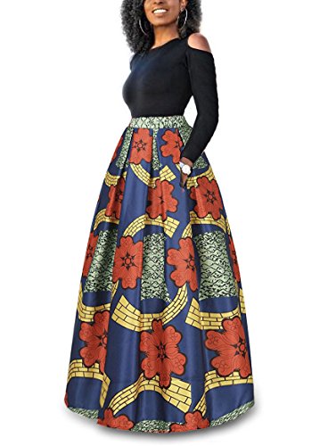 Womens African Floral Maxi Dress High Waist A Line Long Skirts with Pockets S