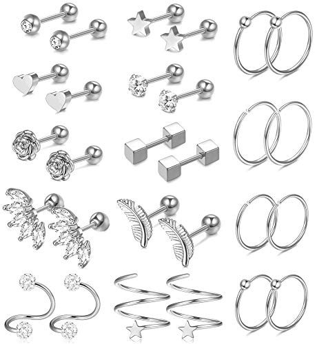 FIBO STEEL 14 Pairs Stainless Steel Cartilage Earrings Barbell Helix Daith Conch Hoop for Women CZ Flower Heart Star Tragus Piercings 16G Silver