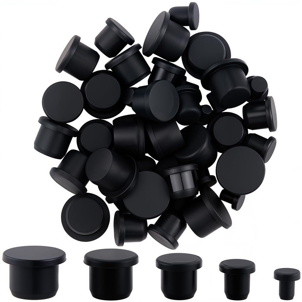 GORGECRAFT 50Pcs Silicone Rubber Hole Plug 5 Sizes Round Rubber Button End Covers Black Waterproof Sealing High Temp T-Type Hole Plug Soft Flexible Stopper for Bottles Pipes Flower Pots
