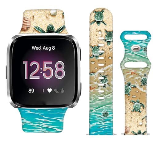 WLPFSAHF Watch Bands Compatible for Versa 2/ Versa/Versa Lite Bands for Women Men, Soft Silicone Cute Fadeless Sport Strap Replacement for Versa SE Lite,Sea Turtle on the beach