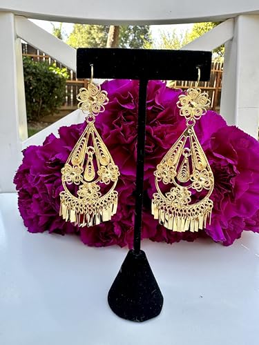 Folklorico Mexican Filigree Gold Earrings - Traditional Jewelry from Oaxaca, Flower Tear Drop, Mexican Earrings3