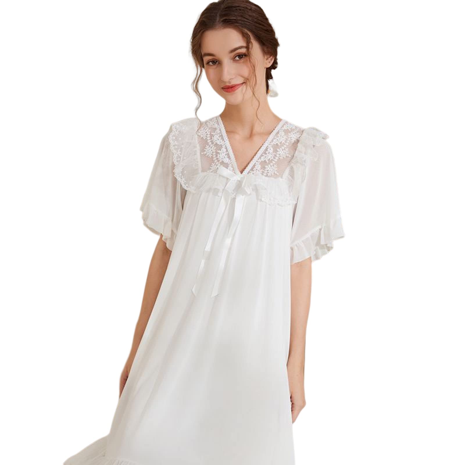 OFFSUM Camisón De Pijama De Mujer - Camisón De Princesa De Color Sólido Camisón De Verano con Lazo De Malla De Encaje Camisón De Dos Pisos Elegante Bordado Ropa De Casa Lencería