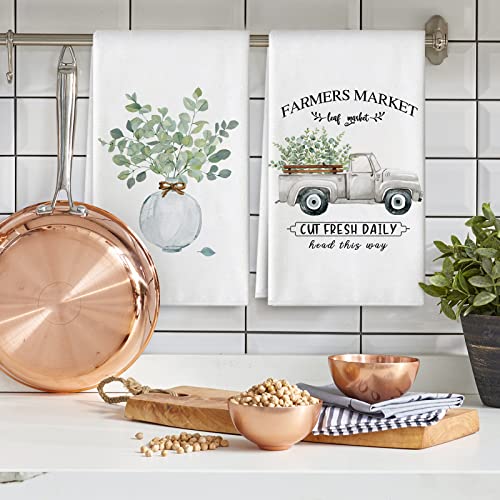 Anydesign Farmhouse Kitchen Towel 18 X 28 Inch Watercolor Greenery Truck Dish Towel Seasonal Rustic Hand Drying Tea Towel For Spring Summer Cooking Baking Cleaning Wipes, 2Pcs #TOP4
