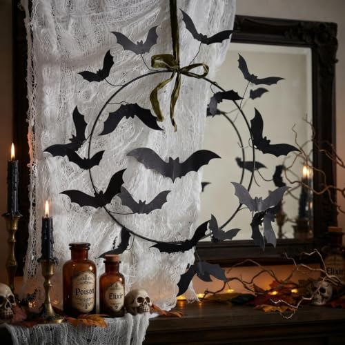 Suncalla Halloween Bat Iron Wreath 19 in Metal Wall Decor Black Artificial Hanging Wreath Decoration for Halloween Party Indoor Outdoor Home Kitchen