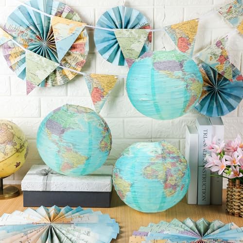 Tujoe 19 Pcs Map Classroom Decorations Travel Themed Party Decorations Globes Hanging Paper Lantern Fans Triangle Flags Banner for Home Earth Chinoiserie Theme Party(Green)