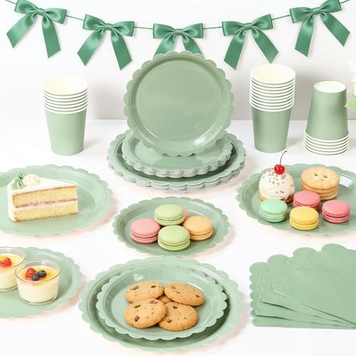 Miniatura 3 de 96piezas Vajilla Fiesta Cumpleaños, Cubiertos Desechables Incluye Vajilla Verde Salvia Vasos Desechables Servilletas, Platos Desechable Elegantes Para 24 Invitado Barbacoas Fiesta Cumpleaños Infantil