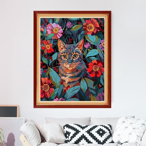 Image of Foxdiviy Stamped Cross Stitch Kits for Beginners Full Range of Cross Stitching 11 CT Printed Cross Stitch Kits for Adults Cross Stitch Patterns Needlepoint Kits-Flower Cat 16x20 inch