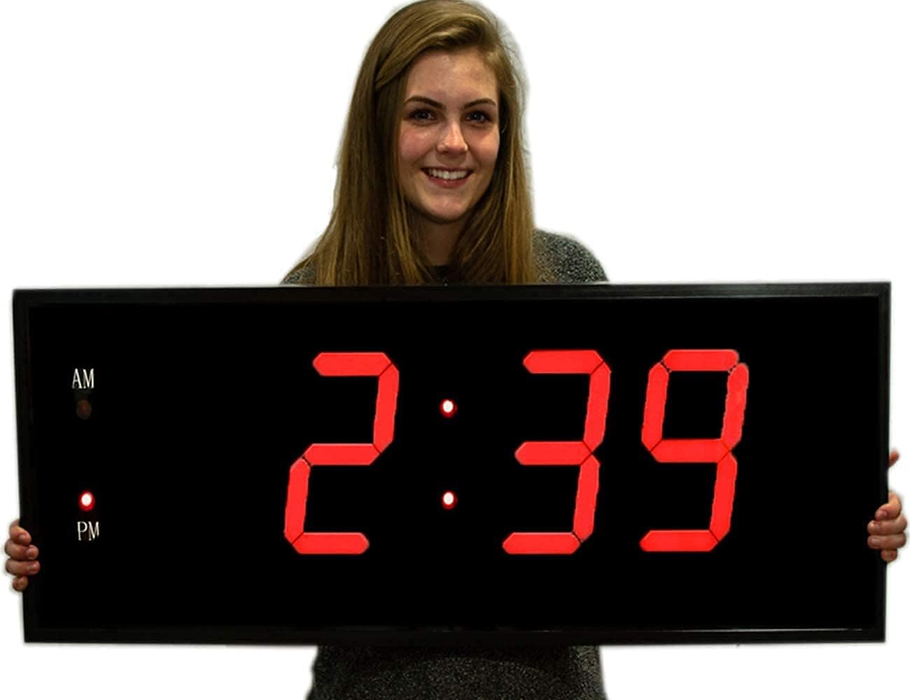 Huge Industrial Warehouse Cafeteria Gym Clock 8 Inch Numbers Aluminum Frame with Full Function Remote Control (Red, Small)