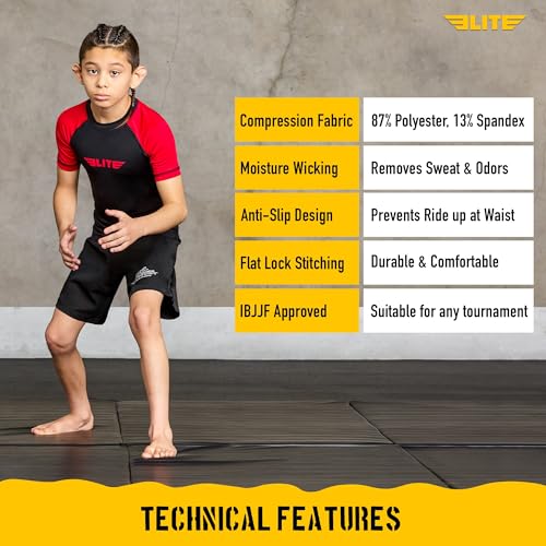 Image of Elite Sports Kids Jiu Jitsu BJJ Rash Guard, Short Half Sleeve Compression Shirt for Youth Boys Girls Sports Nogi Training
