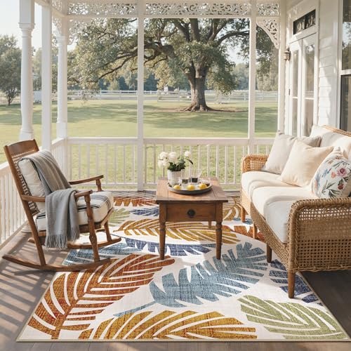 GENIMO Outdoor & Indoor Area Rug 5'x8', Waterproof, Non-Shedding, Easy Cleaning, Leaf Mat for Patio, Living Room, Balcony, Dining Room, RV, Deck, Bedroom, Camping, Outside Carpet, Rust Navy by GENIMO - Used condition - Image 6