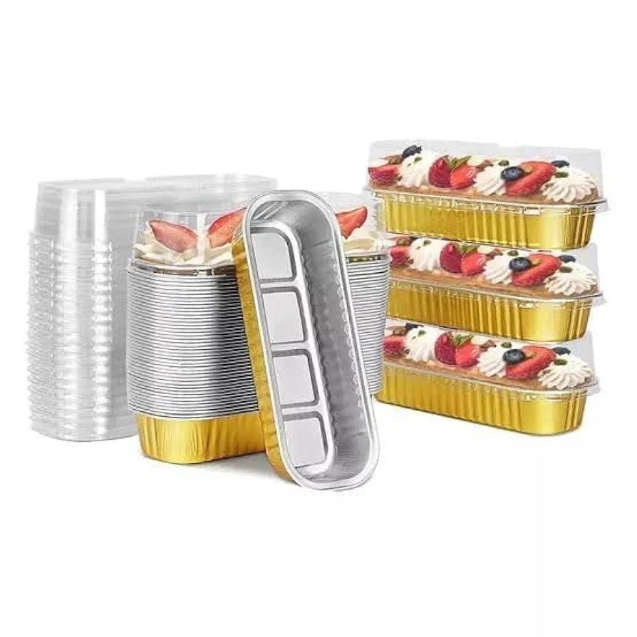 Image of Disposable Aluminium Rectangle Aluminium Tin Foil Bake & Serve Cup with Lid | Containers | Non-Stick Foil Baking Container Food Storage Baking Pans Pack 20
