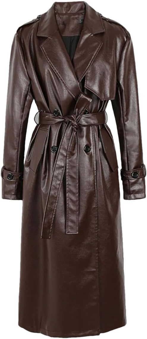 Haitpant Women's Long Loose PU Leather Trench Coat Brown Black Silver Sashes European Luxury Designer