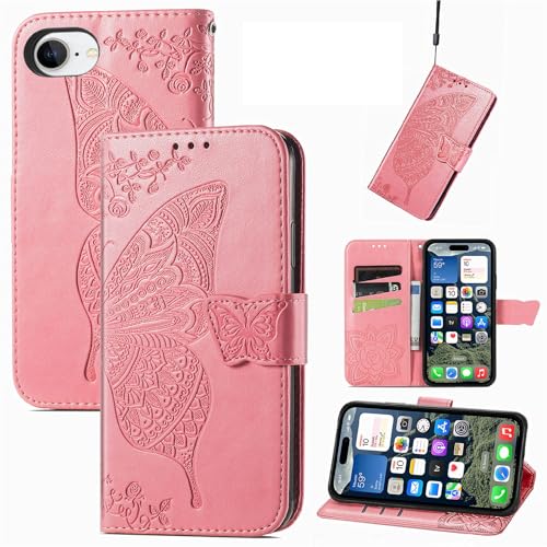 iPhone 16E ケース 手帳型 アイホン16e 携帯 背面 スマホカバー 財布型 女性向け PUレザー マグネット スタンド機能付き カード収納 軽量 純色 バタフライ エンボス加工 女性 可愛い花柄 蝶柄 着脱しやすい 衝撃吸収 360度保護 (ピンク, iPhone 16E)