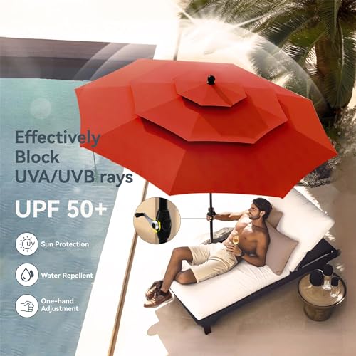 Image of PHI VILLA 10ft Patio Umbrella Outdoor 3 Tier Vented Market Table Umbrella with 1.5 inch Umbrella Pole and 8 Sturdy Ribs, (Orange Red)(No Base)