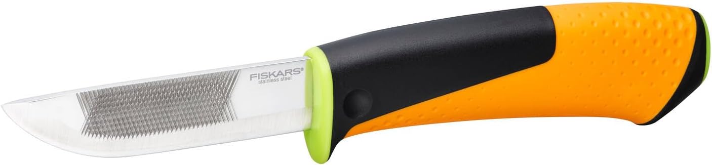Fiskars Knife including Holster with Integrated Knife Sharpener, Total length: 21.9 cm, Black/orange/green, 1023619, Standard